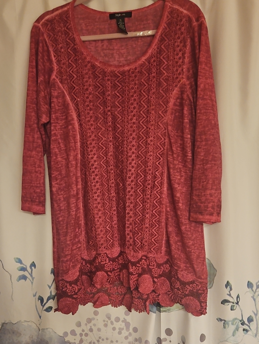 Style & Co. Pink Long-Sleeve Crochet Trim Tunic